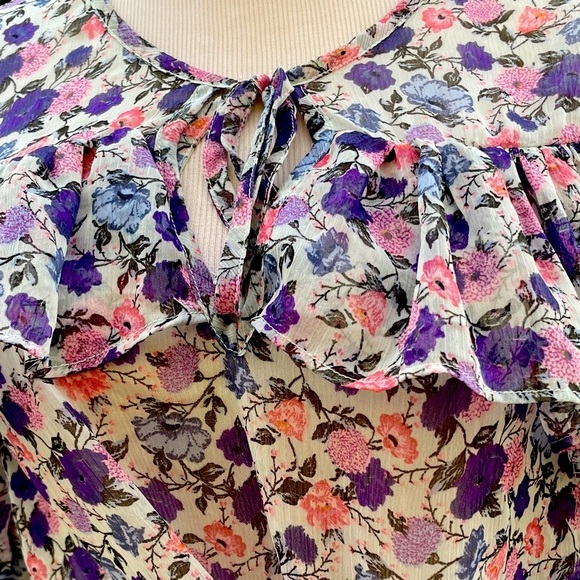 Forever 21 Floral Ruffle Tie Neck Sheer Blouse Women's Small White Purple Pink S - Picture 7 of 8